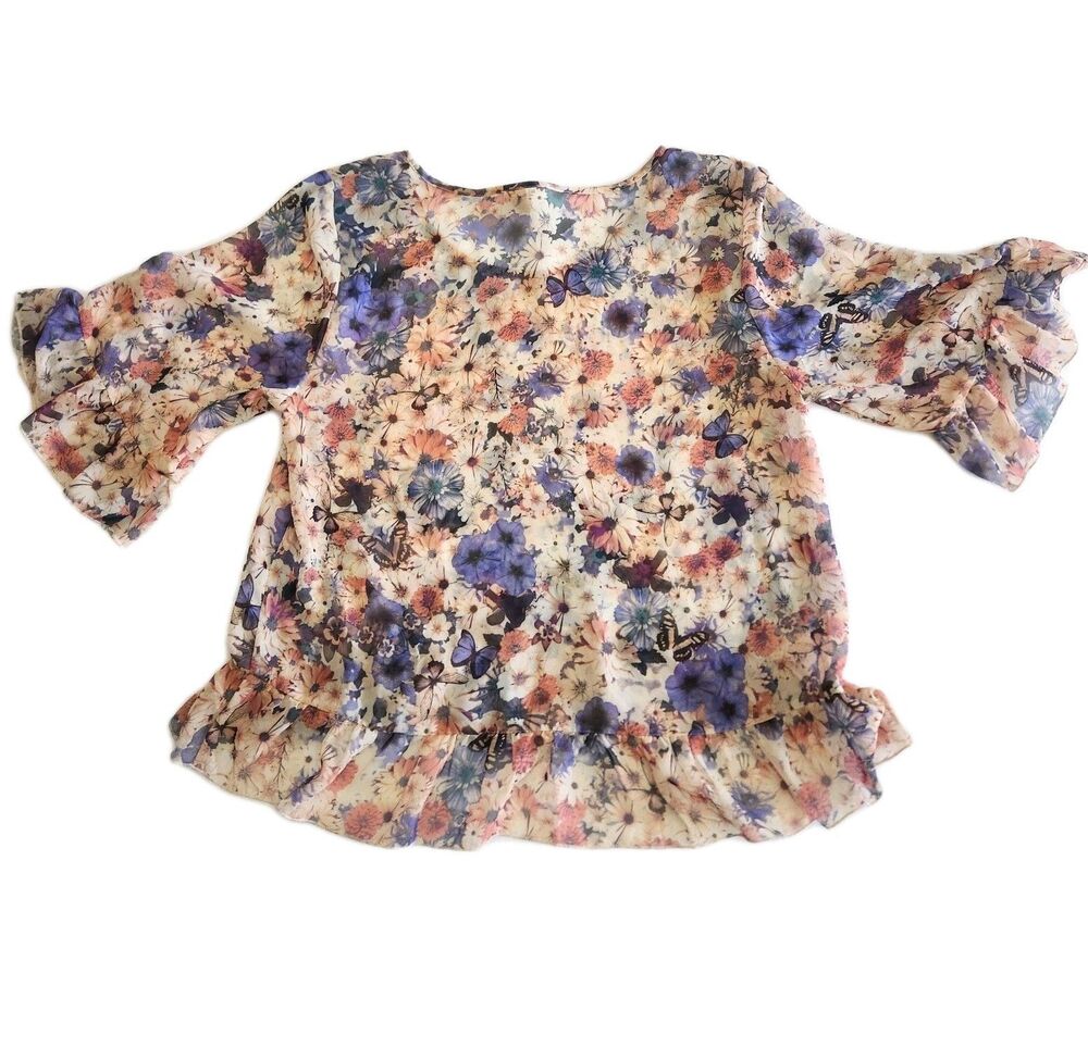 Eyeshadow Y2K Butterfly Floral Semi Sheer Fairy Garden Girl Blouse Top SZ Large